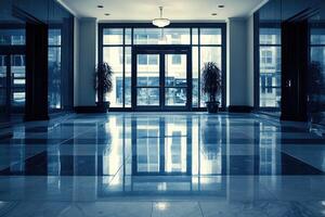 Modern office hallway with glass doors photo