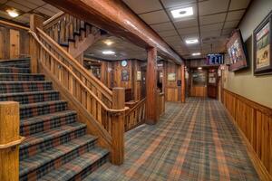 Rustic lodge interior hallway with wooden staircase photo