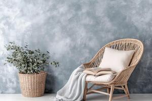 Relaxing corner with wicker chair, book, and plant photo