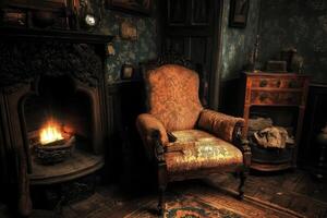 Dim antique room with fireplace and armchair photo