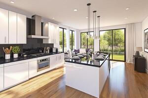 Modern open-plan kitchen with island photo