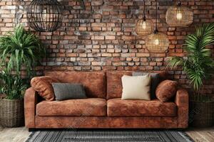 Rustic Living Room with Brown Sofa photo