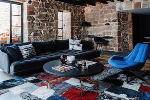 Rustic modern living room with a sectional sofa photo
