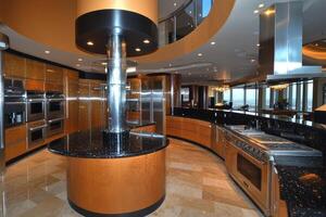 Luxurious curved kitchen with high-end appliances photo