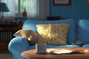 Cozy living room scene with blue sofa and patterned pillows photo