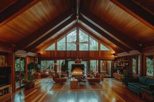 Spacious, wood-paneled living room with a cathedral ceiling, showcasing a fireplace and a view of the outdoors photo