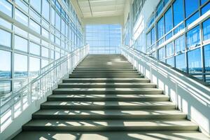 Modern, sunlit stairway with panoramic views photo