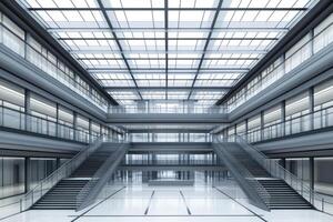 Modern, multi-level interior. Vast open space with glass roof and metal framework photo