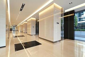 Modern, spacious hallway with polished floors and walls photo