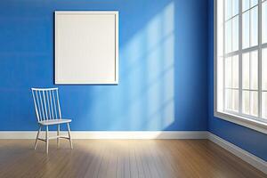 Empty room with a framed canvas, sunlight, and a chair photo