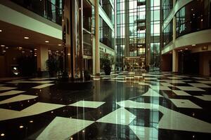 Modern, spacious lobby with polished black and white patterned floor photo