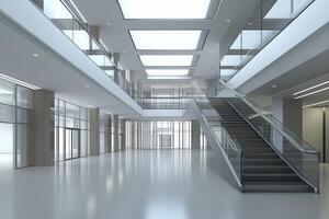 Modern, spacious interior of a multi-level commercial building. Large windows, glass balustrades, and a sleek, contemporary design photo