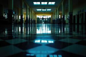 Empty, sunlit hall with polished floor photo