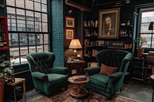 Cozy corner with emerald armchairs photo