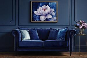 Elegant Deep Blue Sofa with Floral Art photo