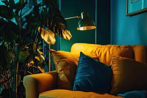 Cozy corner with vibrant yellow sofa, teal accents, and lush greenery photo