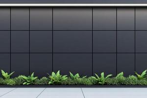Modern facade with dark tiles and greenery photo