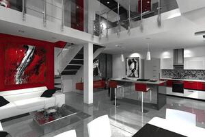 Modern open-plan loft with red accents photo