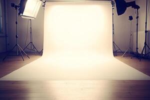Empty photography studio with white backdrop photo