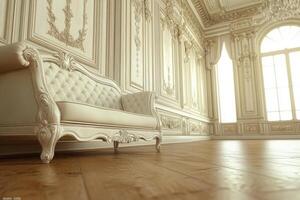 Ornate, cream-colored, lavish room with a luxurious couch photo
