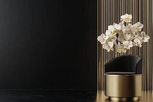 Luxurious modern interior with black walls, gold accents, and orchids photo