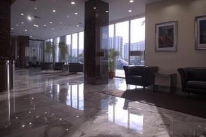 Modern, bright lobby with polished marble floors and dark furniture photo