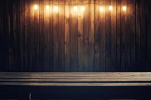Rustic Wooden Tabletop Under Warm Lights photo