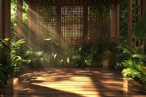 Wooden pergola bathed in sunlight, surrounded by lush greenery photo