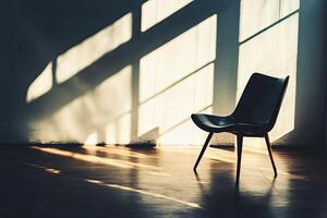 Empty room with chair, sunlight shadows photo