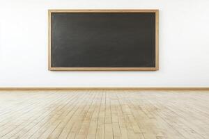 Empty classroom blackboard on light beige wooden floor photo