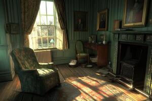 Sunlit antique room with fireplace, portraits, and a view photo