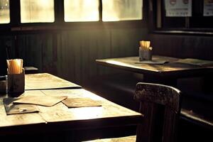 Empty tables in a dimly lit cafe bathed in golden sunlight photo