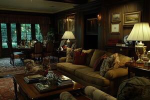 Luxurious, classic living room with dining area photo