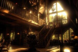 Rustic grandeur interior. Sunlight streams through large windows, illuminating a grand hall photo