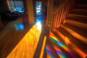 Sunlight streams through a doorway, illuminating a wooden floor with rainbows photo
