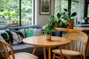 Cozy nook with plants and patterned cushions photo