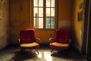 Two red armchairs in a sunlit abandoned room photo