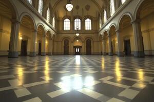 Grand hall with arched windows and columns photo