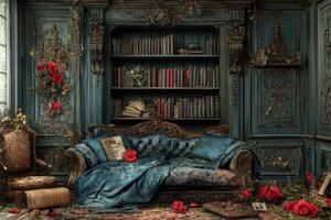 A room with a blue couch and bookshelf photo