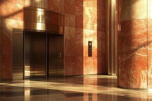 Sunlit office lobby with polished elevator doors photo
