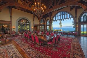 Grand dining hall with lake views photo
