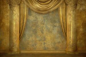 Golden columns, opulent drapes, aged wall photo