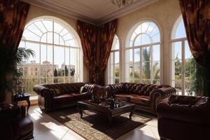Luxurious living room with arched windows photo