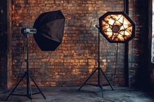 Studio lighting setup against brick wall photo