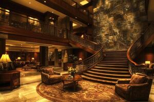 Grand hotel lobby with winding staircase photo