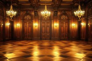 Grand hall of a stately mansion. Ornate wooden walls, chandeliers, and opulent flooring photo