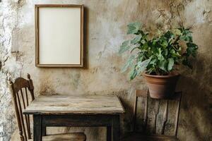 Rustic, vintage-style, interior scene with a blank frame, plant, and table photo