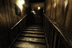 Dark wooden staircase in an old house photo