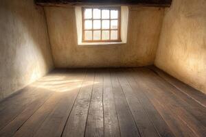 Empty, sunlit attic room photo