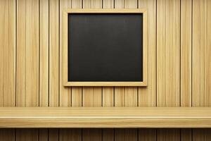 Empty wooden shelf with a framed chalkboard photo